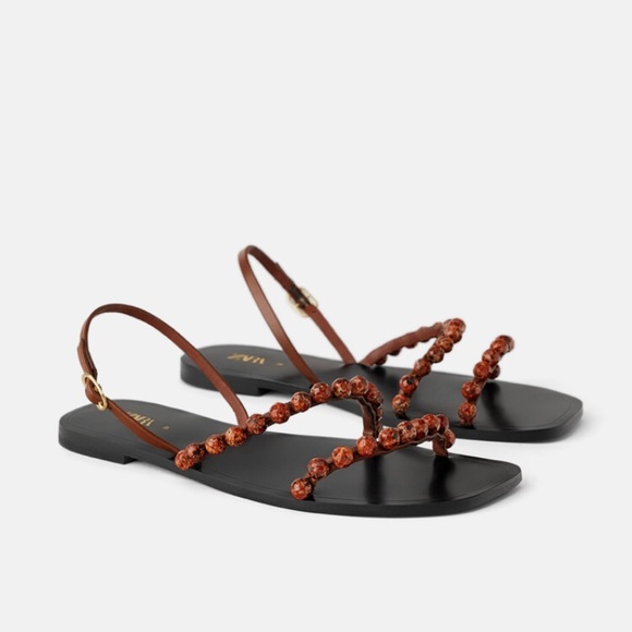 ZARA LEATHER BEADED FLAT SANDALS BRAND NEW WITH TAGS & BOX US 8 EUR 39 BROWN